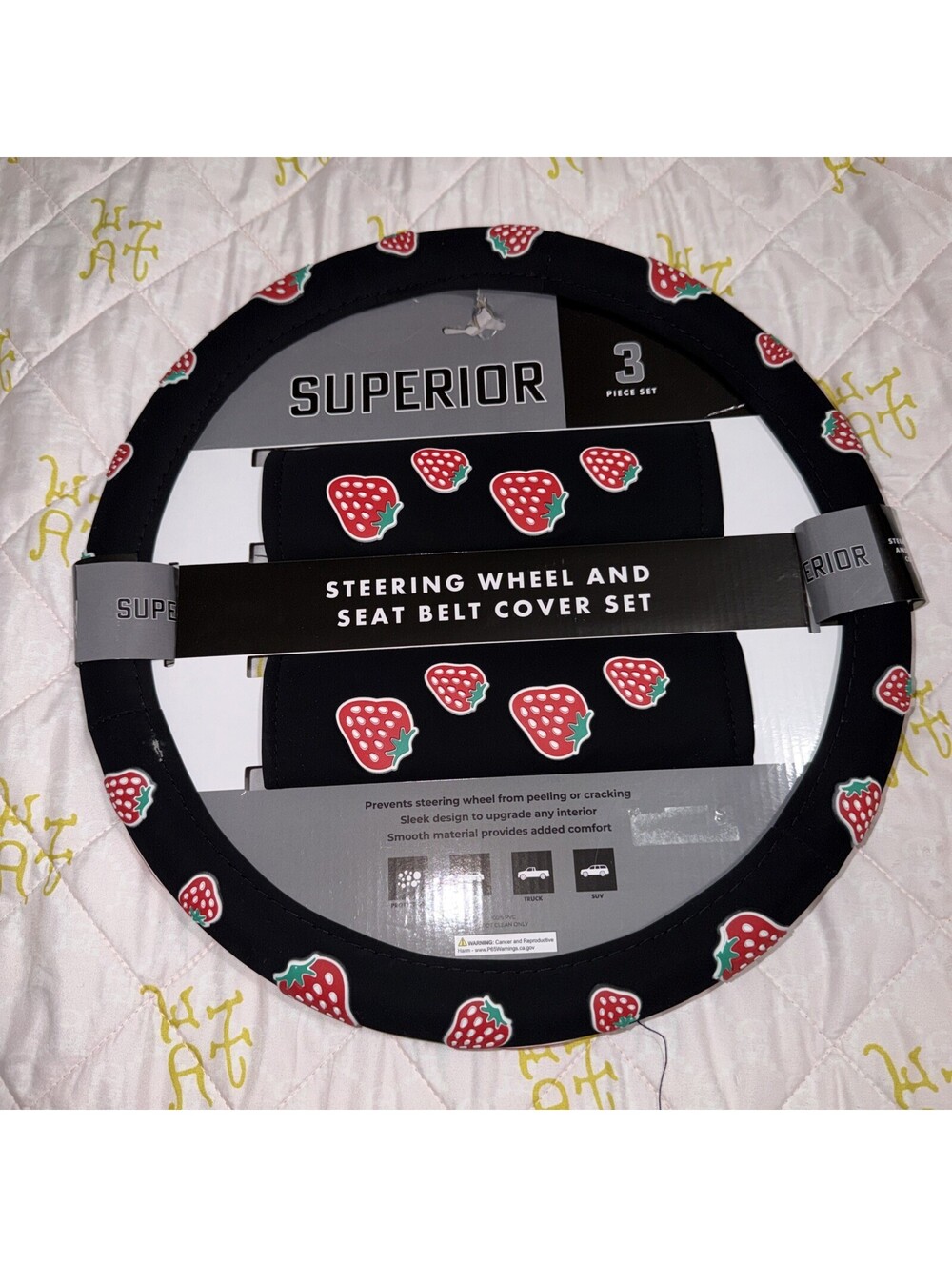 3pc set Strawberries steering wheel cover NWT